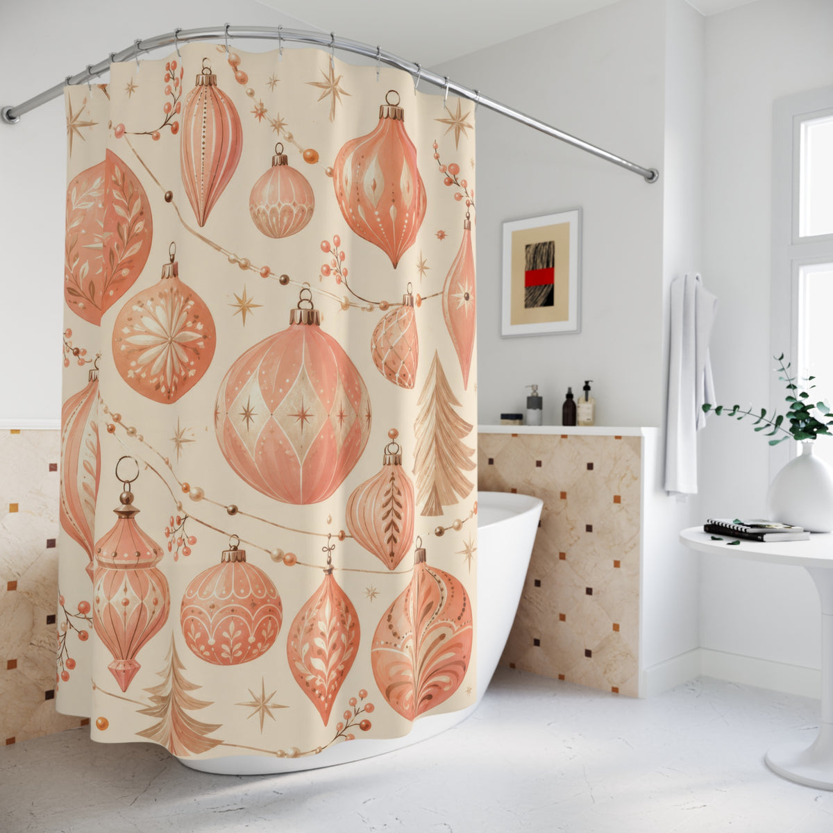 Peach Christmas ornaments and stars shower curtain beside a freestanding tub