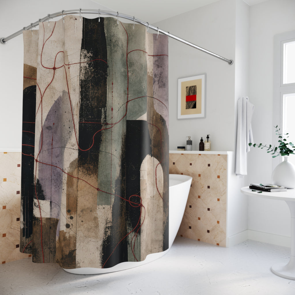 Abstract Shower Curtain, Black Blush Lavender Line Art, Cream Modern Bathroom Decor, Soft Geometric Arches, Minimal Bath Art, Guest Bath