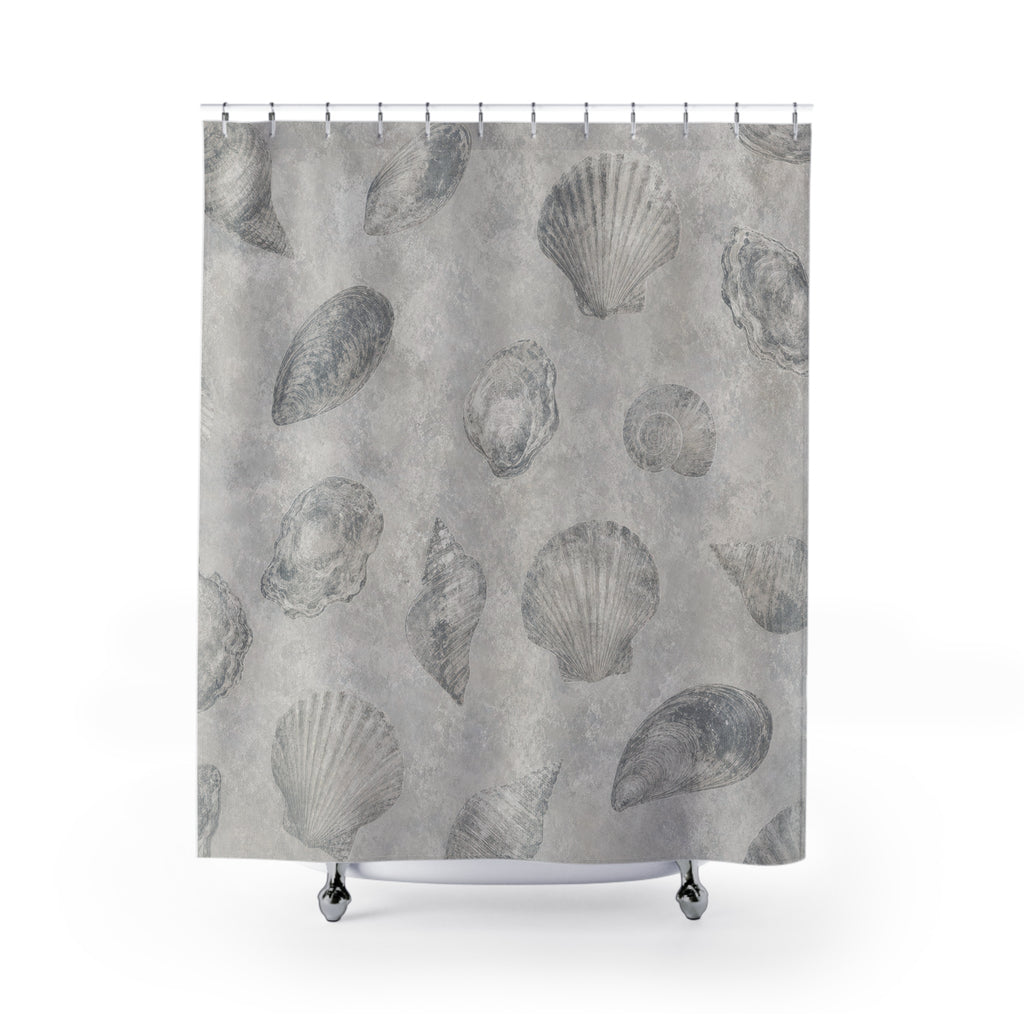 Shell Shower Curtain, Gray Coastal Bath Decor, Sketched Seashell Pattern, Neutral Guest Bathroom Decor, Soft Beach Coastal Spa Style