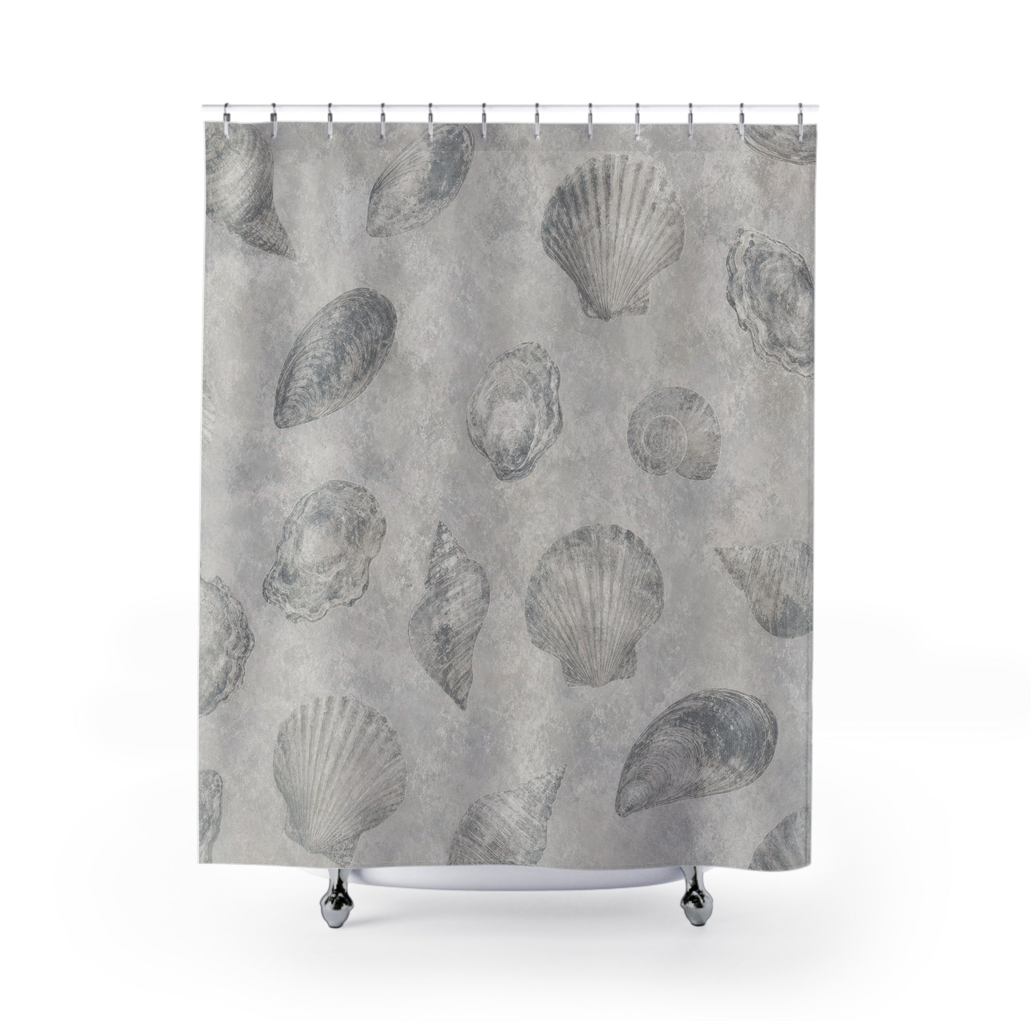Shell Shower Curtain, Gray Coastal Bath Decor, Sketched Seashell Pattern, Neutral Guest Bathroom Decor, Soft Beach Coastal Spa Style
