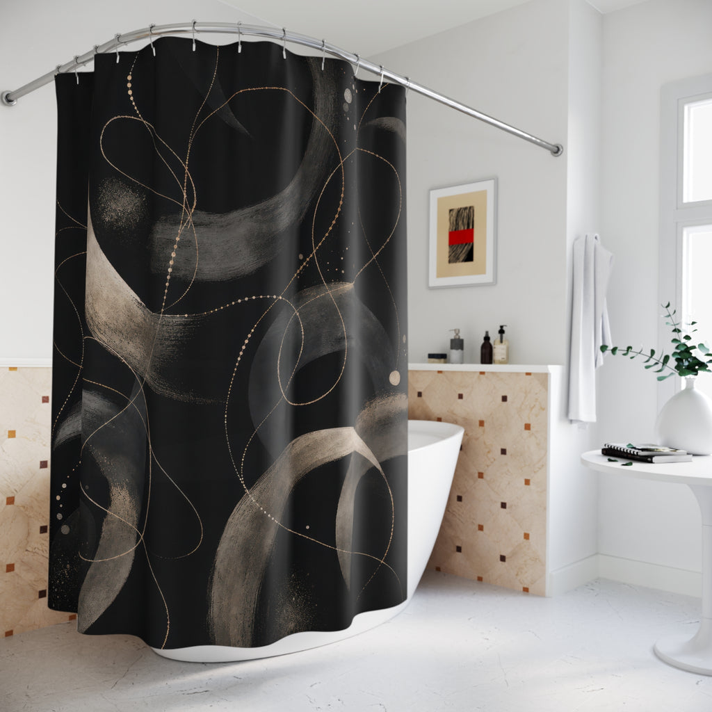 Black Abstract Shower Curtain, Celestial Moon Bath Decor, Cream Gray Crescent Pattern, Moody Modern Bathroom Decor, Dark Art Style