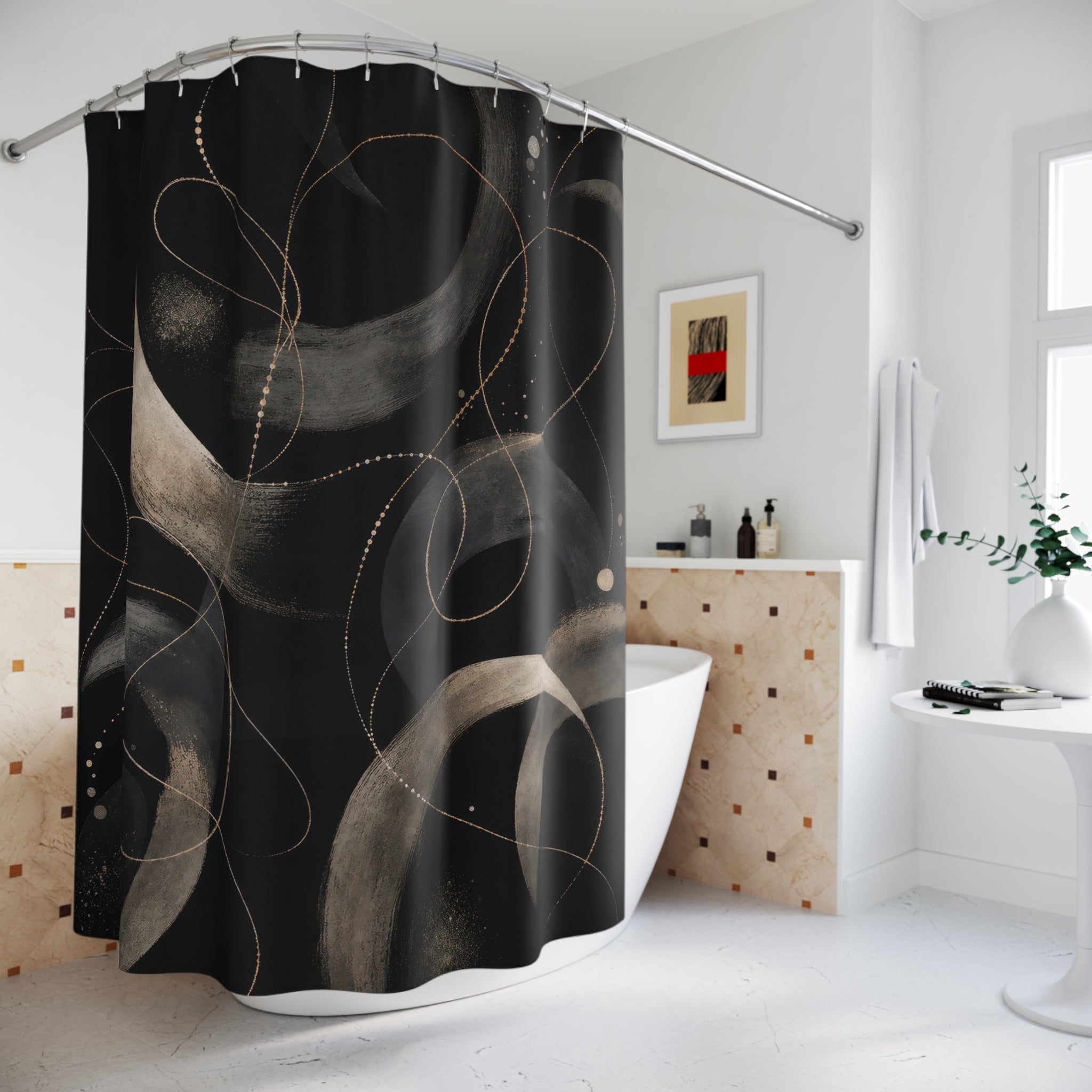 Black Abstract Shower Curtain, Celestial Moon Bath Decor, Cream Gray Crescent Pattern, Moody Modern Bathroom Decor, Dark Art Style