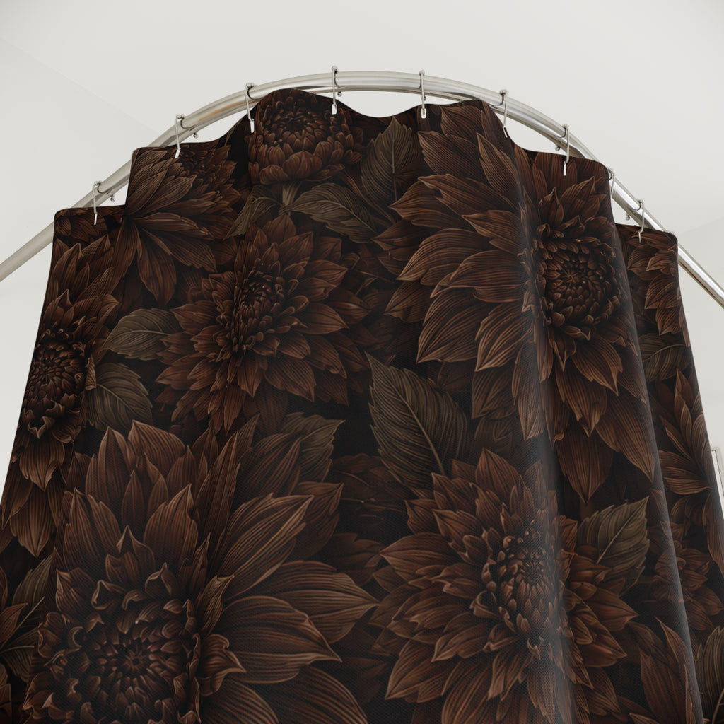 Chocolate brown dahlias with fine petals and taupe leaves shower curtain with close-up print, hooks, and folds