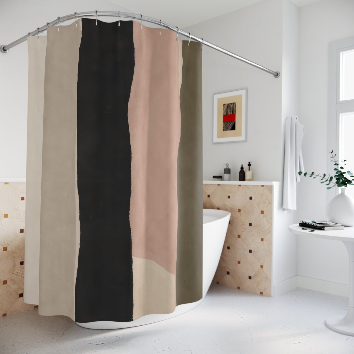 Black Beige Blush Pink Vertical Band Shower Curtain