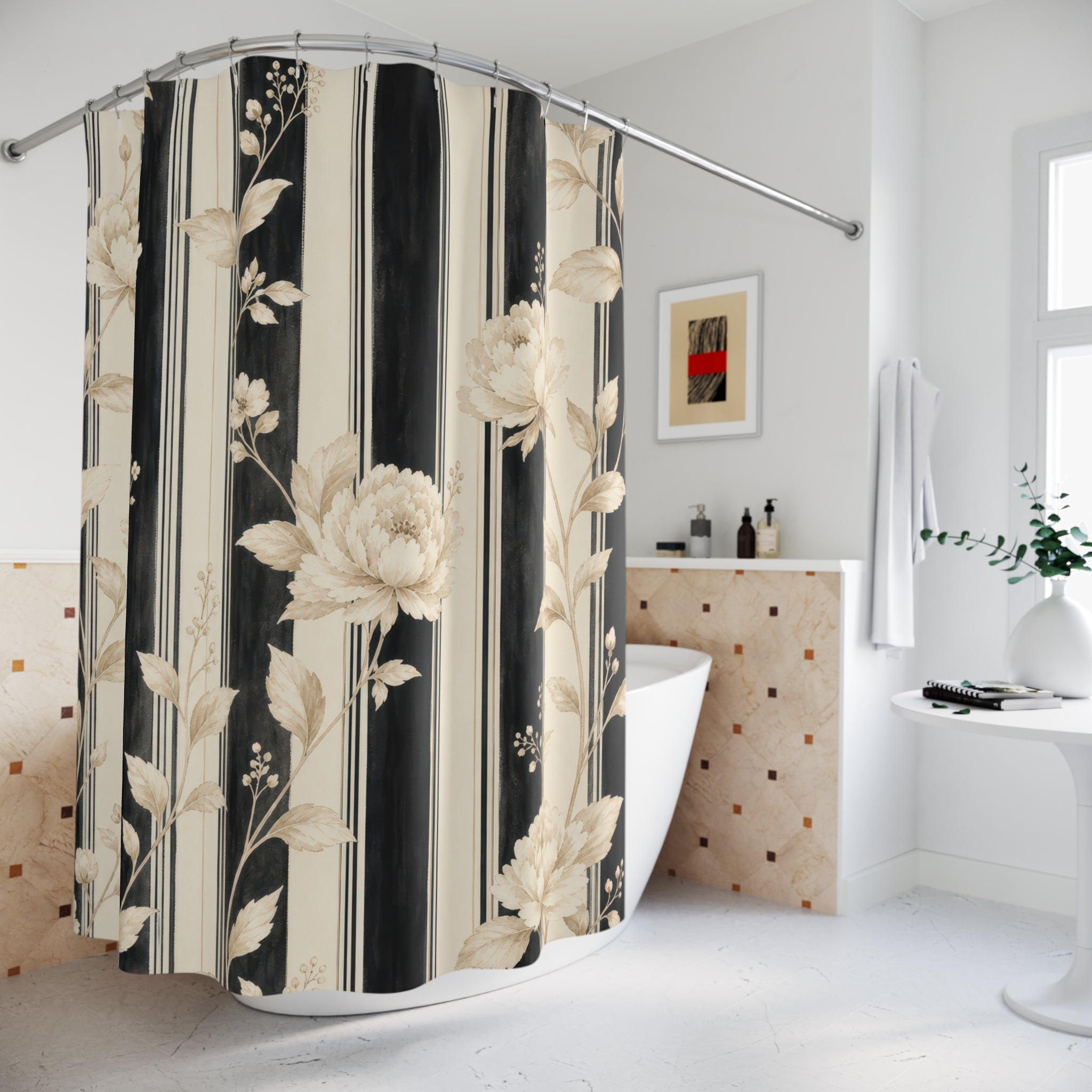 Cream Flower Stripe Shower Curtain