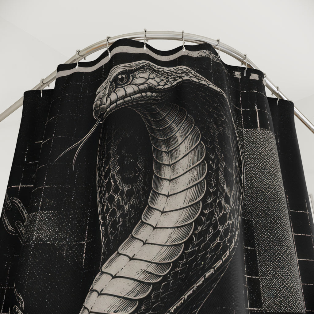 Black and grey cobra rising through chains and broken grid bars shower curtain with close-up print, hooks, and folds