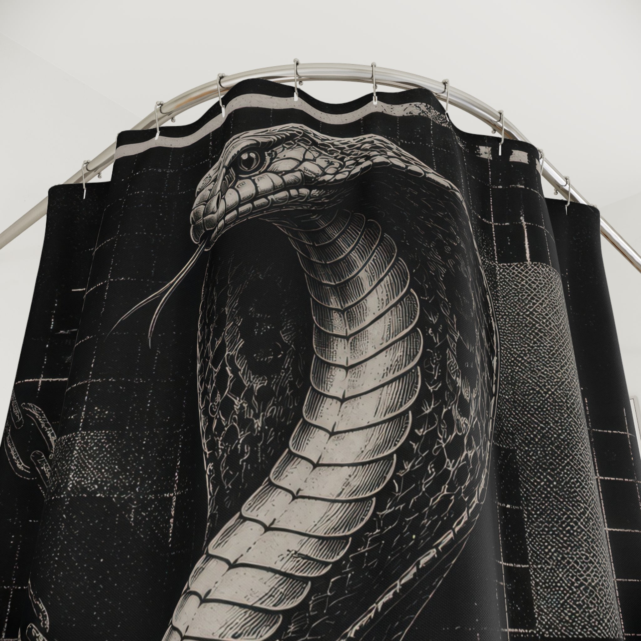 Black and grey cobra rising through chains and broken grid bars shower curtain with close-up print, hooks, and folds