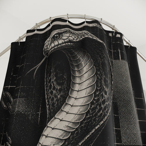 Black and grey cobra rising through chains and broken grid bars shower curtain with close-up print, hooks, and folds