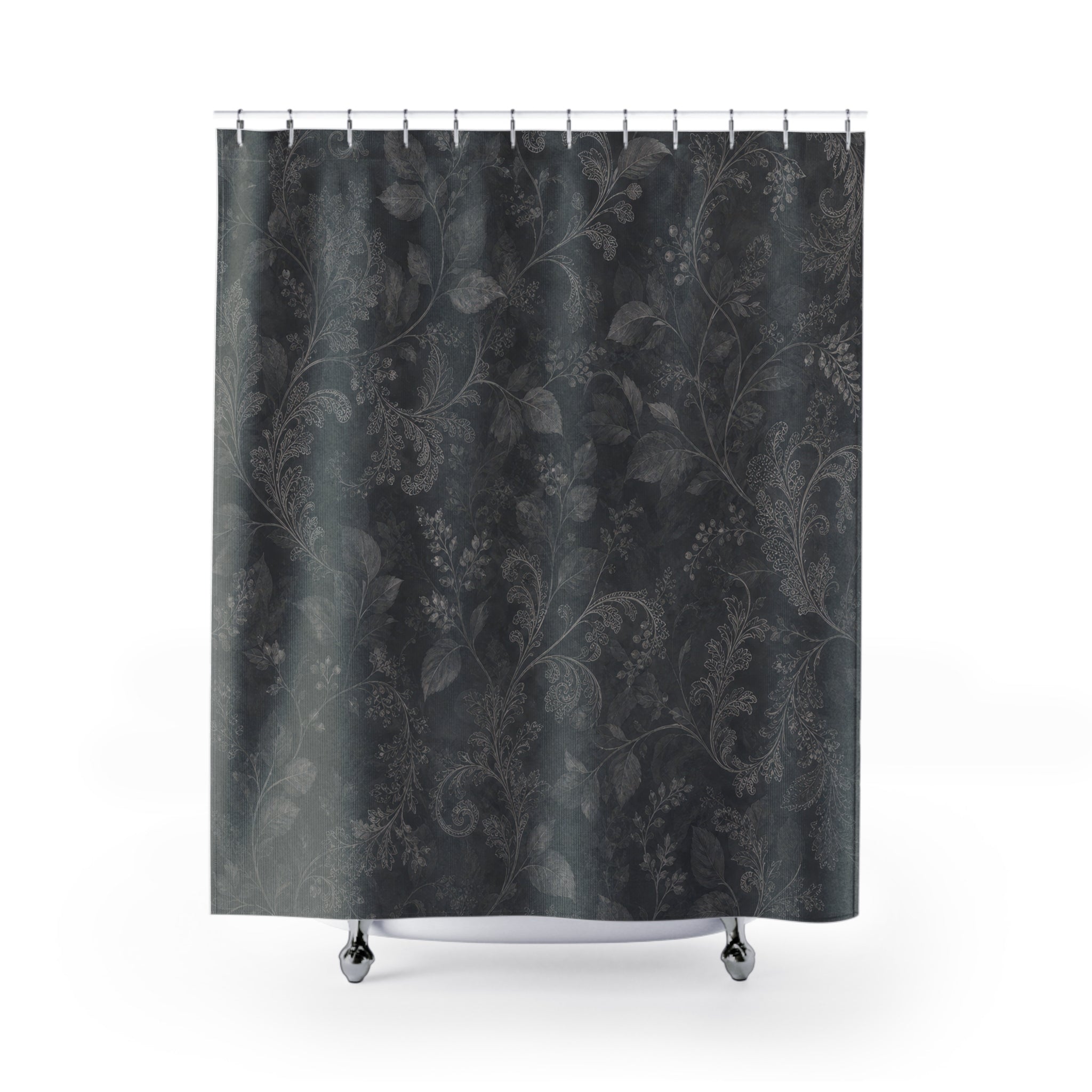 Dark Floral Shower Curtain, Gray Botanical Bath Decor, Ornamental Vine Pattern, Moody Guest Bathroom Decor, Classic Neutral Gray Style