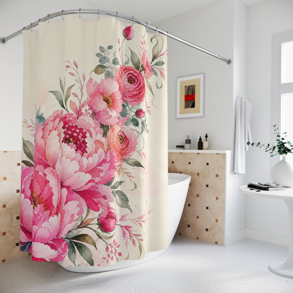 Pink watercolor wildflowers and meadow stems shower curtain beside a freestanding tub