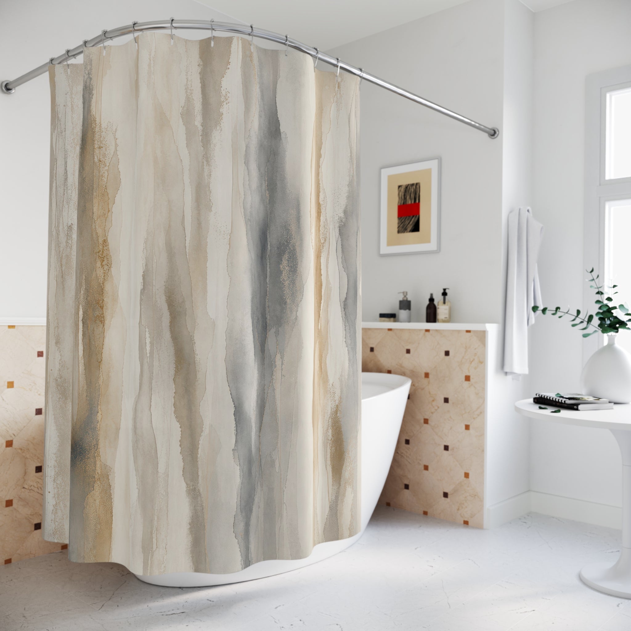 White Gray Beige Striped Shower Curtain
