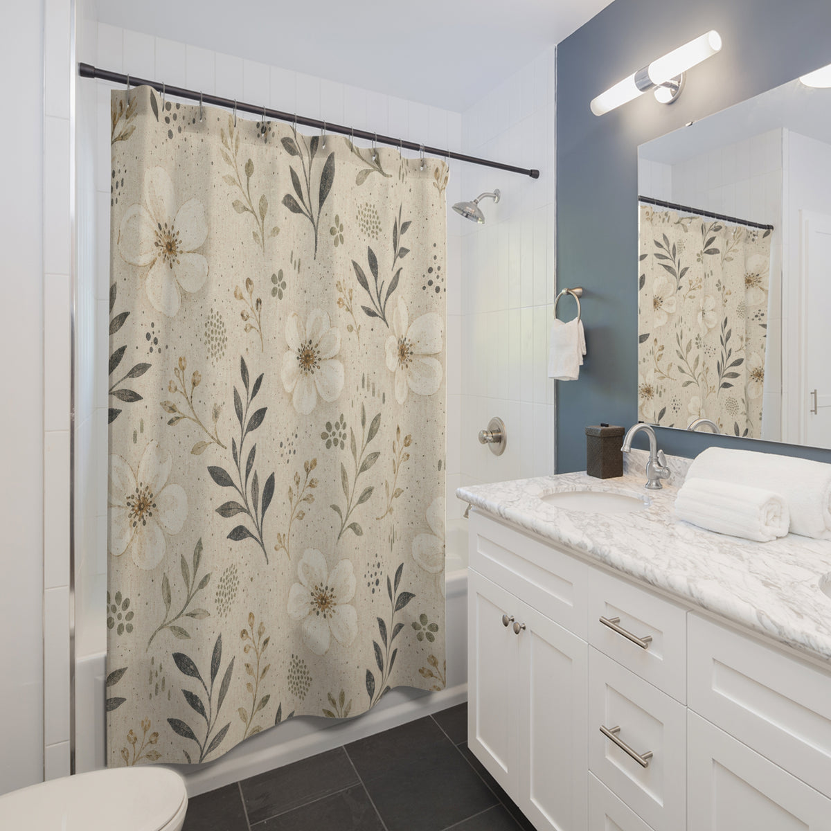 Neutral Stoneware Floral farmhouse cream shower curtain beside a white vanity