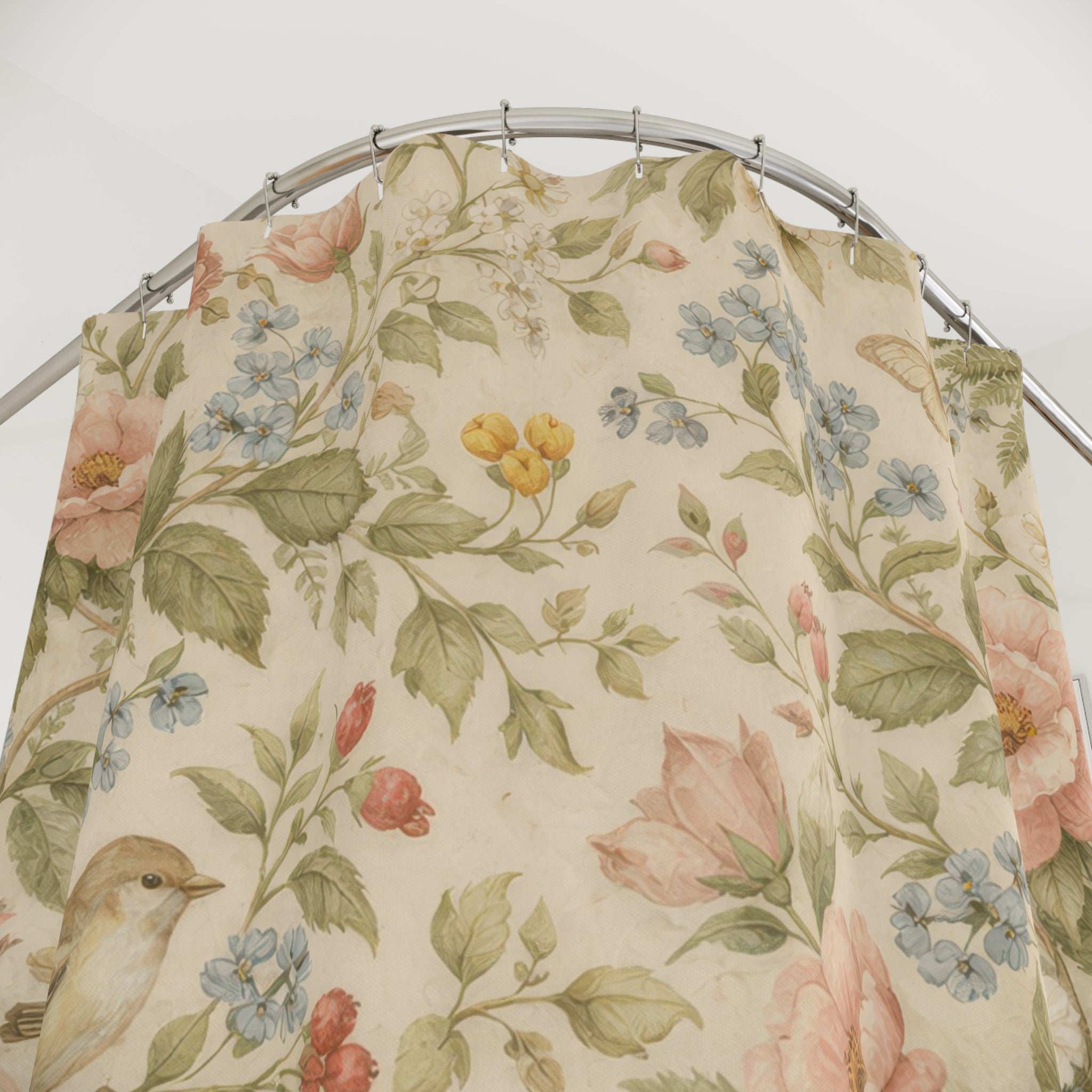 Cottagecore Rose and Bird Shower Curtain – Blush