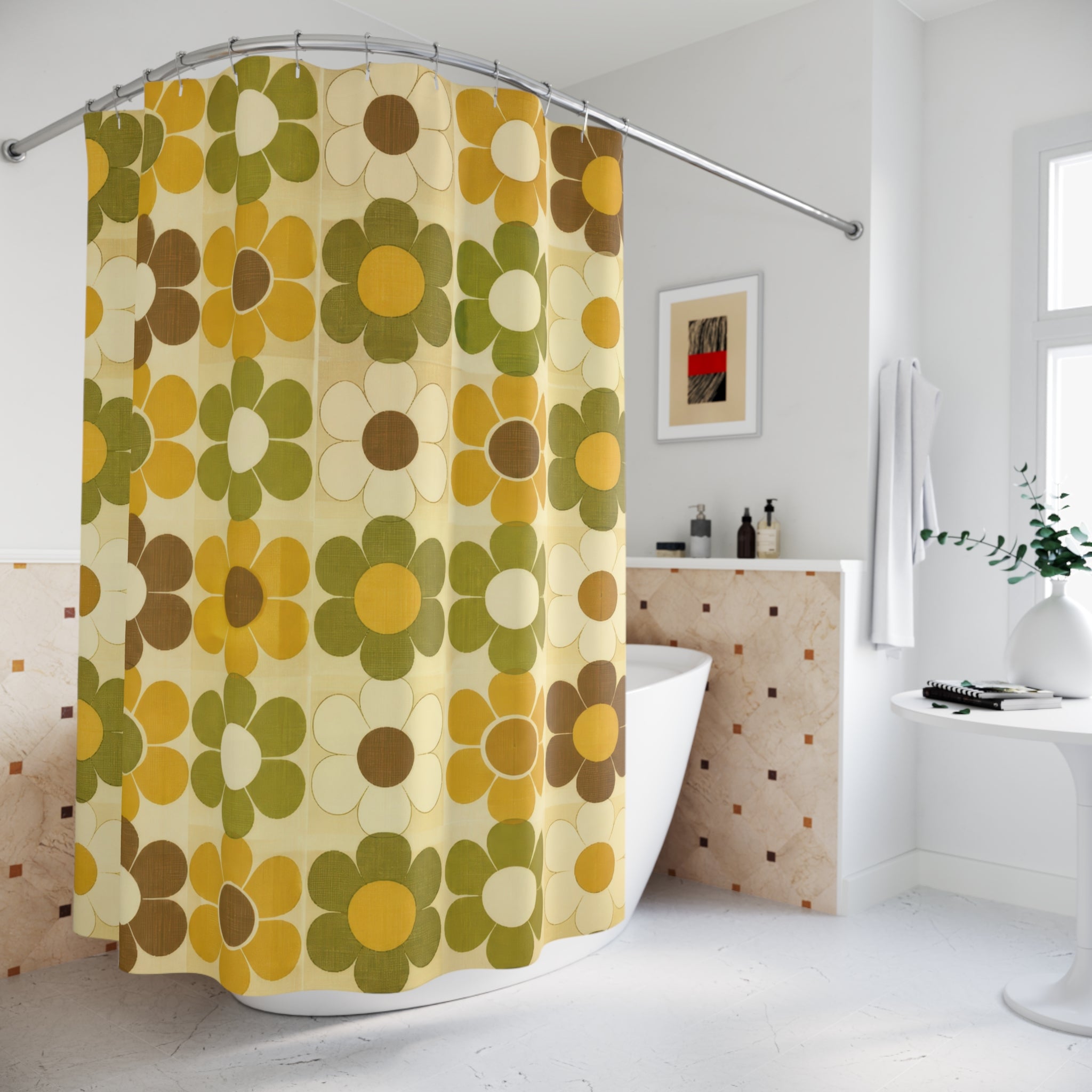 Retro Shower Curtain, 70s Flower Tile Pattern, Mustard Olive Bathroom Decor, 70s Mod Mustard Wall Decor Guest Bath Wall Gift For Home