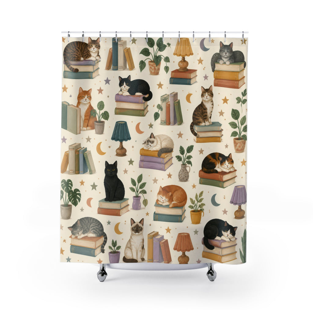 Kids Cat Shower Curtain, Cozy Reading Nook Book Pattern, Cute Library Bathroom Decor, Storybook Cozy Library Wall Decor Guest Bath Gift