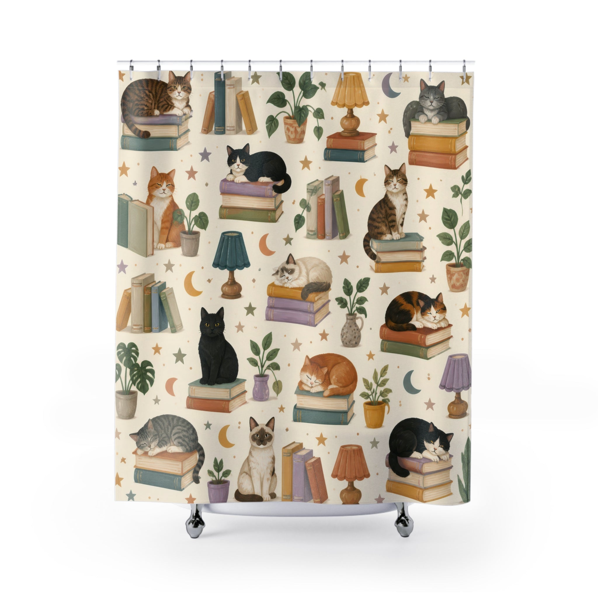 Kids Cat Shower Curtain, Cozy Reading Nook Book Pattern, Cute Library Bathroom Decor, Storybook Cozy Library Wall Decor Guest Bath Gift