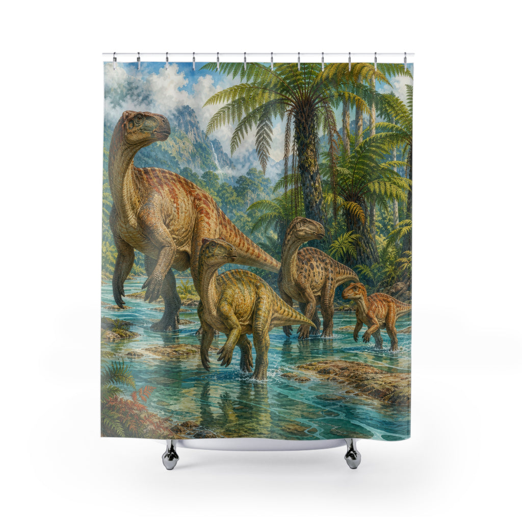 Tropical Hadrosaur Herd shower curtain with full front view