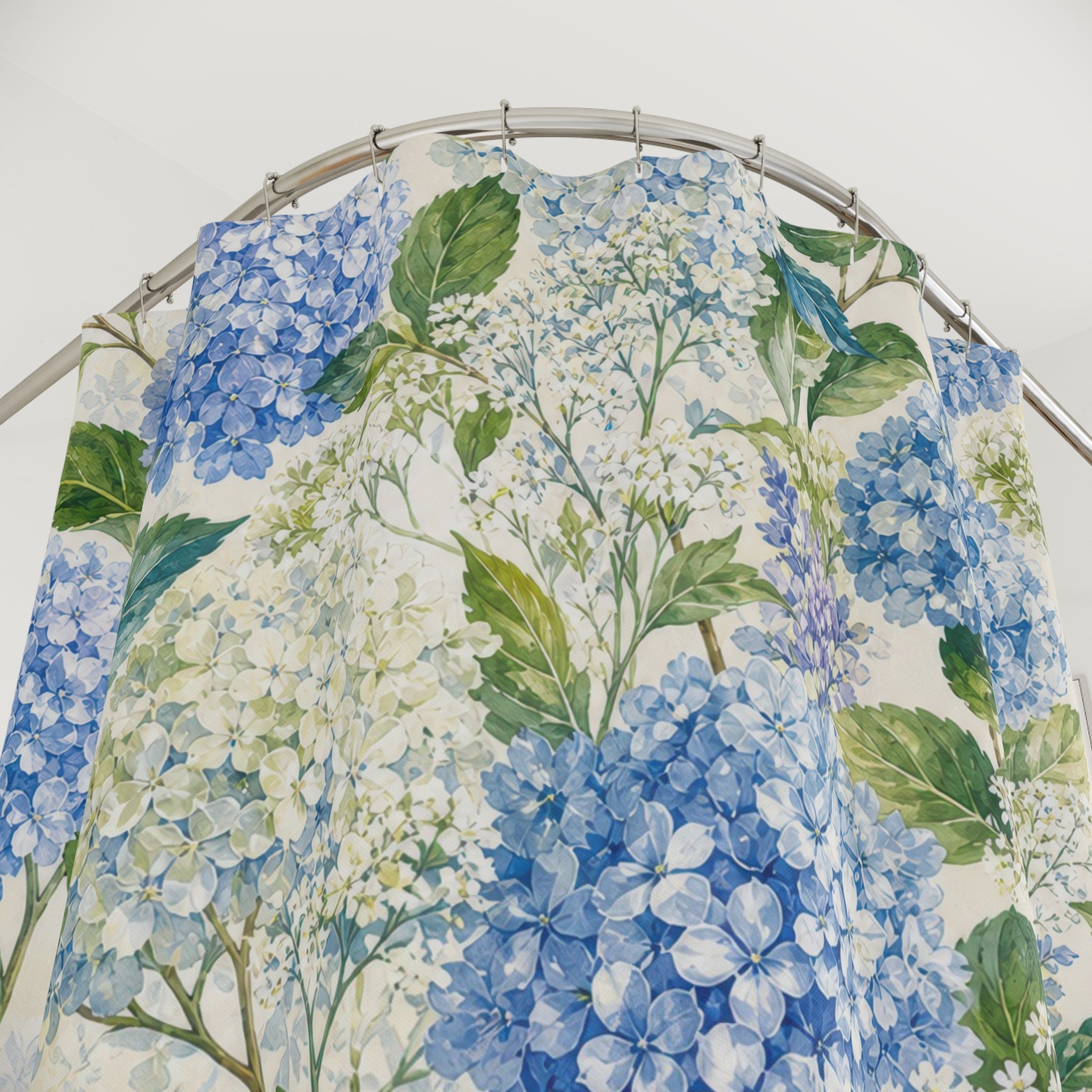 Blue Hydrangea Floral Cottage White Botanical Shower Curtain