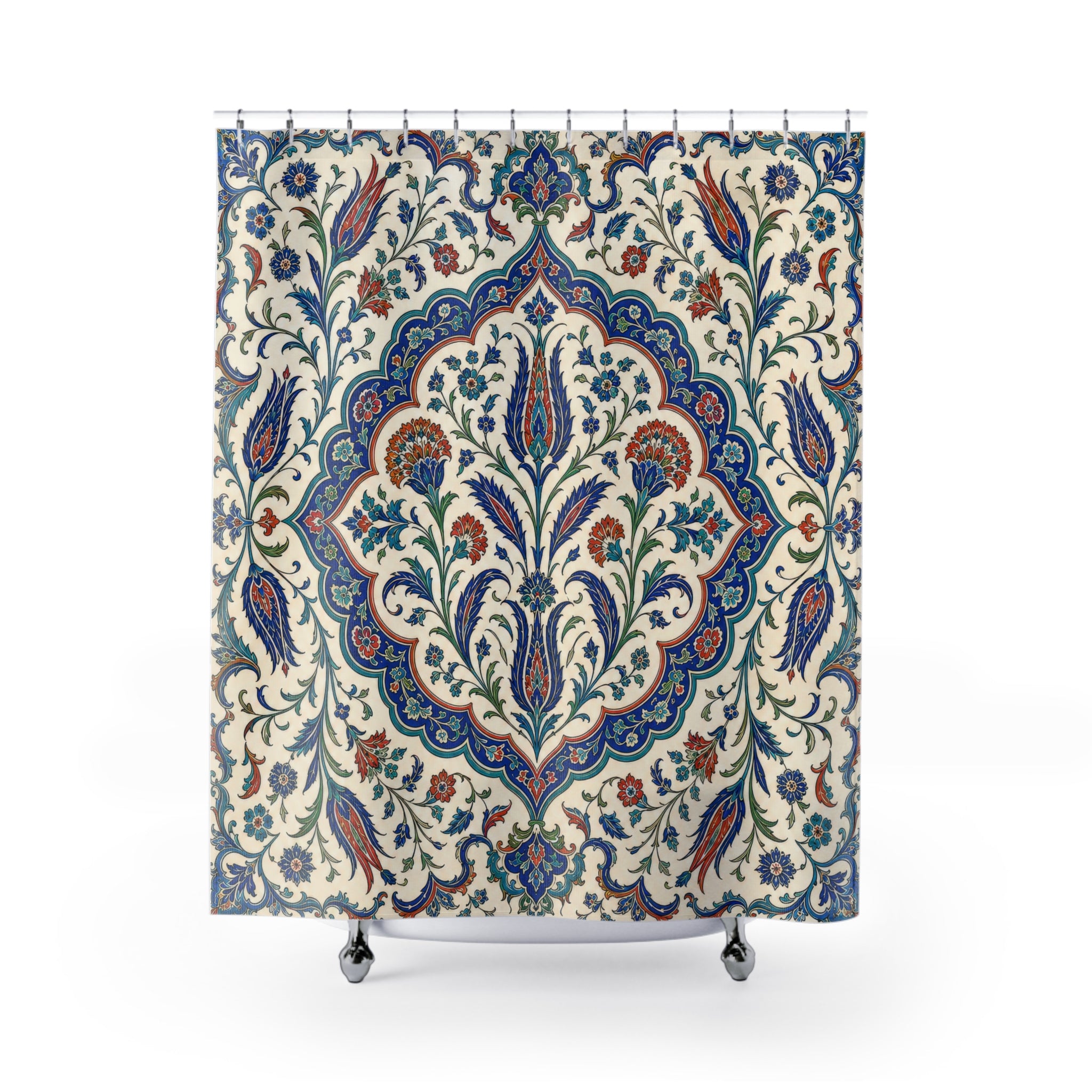 Turkish Shower Curtain: Blue Beige Iznik Tile Floral