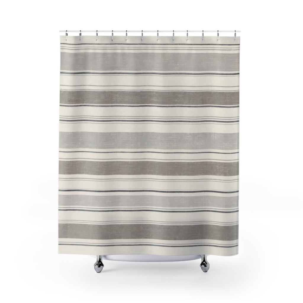 Grey Horizontal Band Shower Curtain, Grey Ivory Classic Bathroom Decor, Modern Stripe Bath Curtain, Guest Bath Decor, Small Bathroom Decor