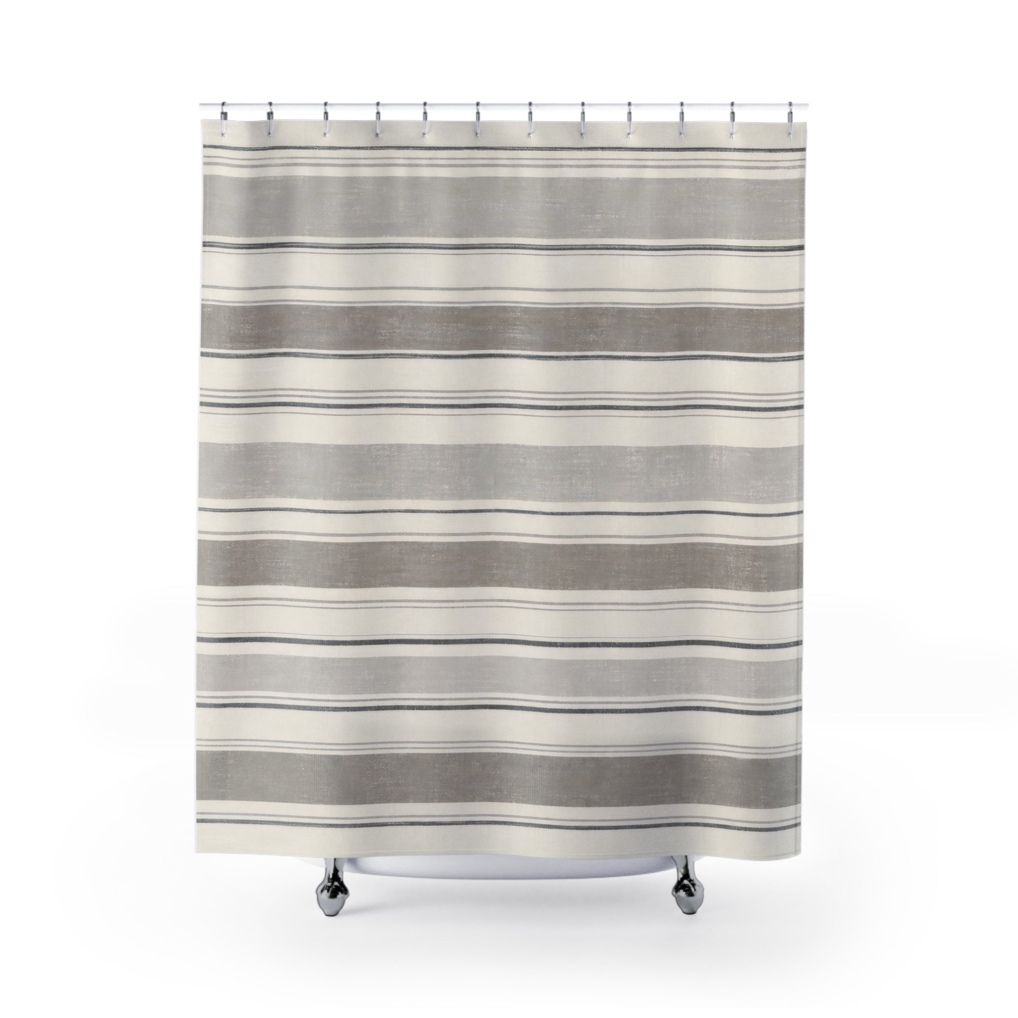 Grey Horizontal Band Shower Curtain, Grey Ivory Classic Bathroom Decor, Modern Stripe Bath Curtain, Guest Bath Decor, Small Bathroom Decor