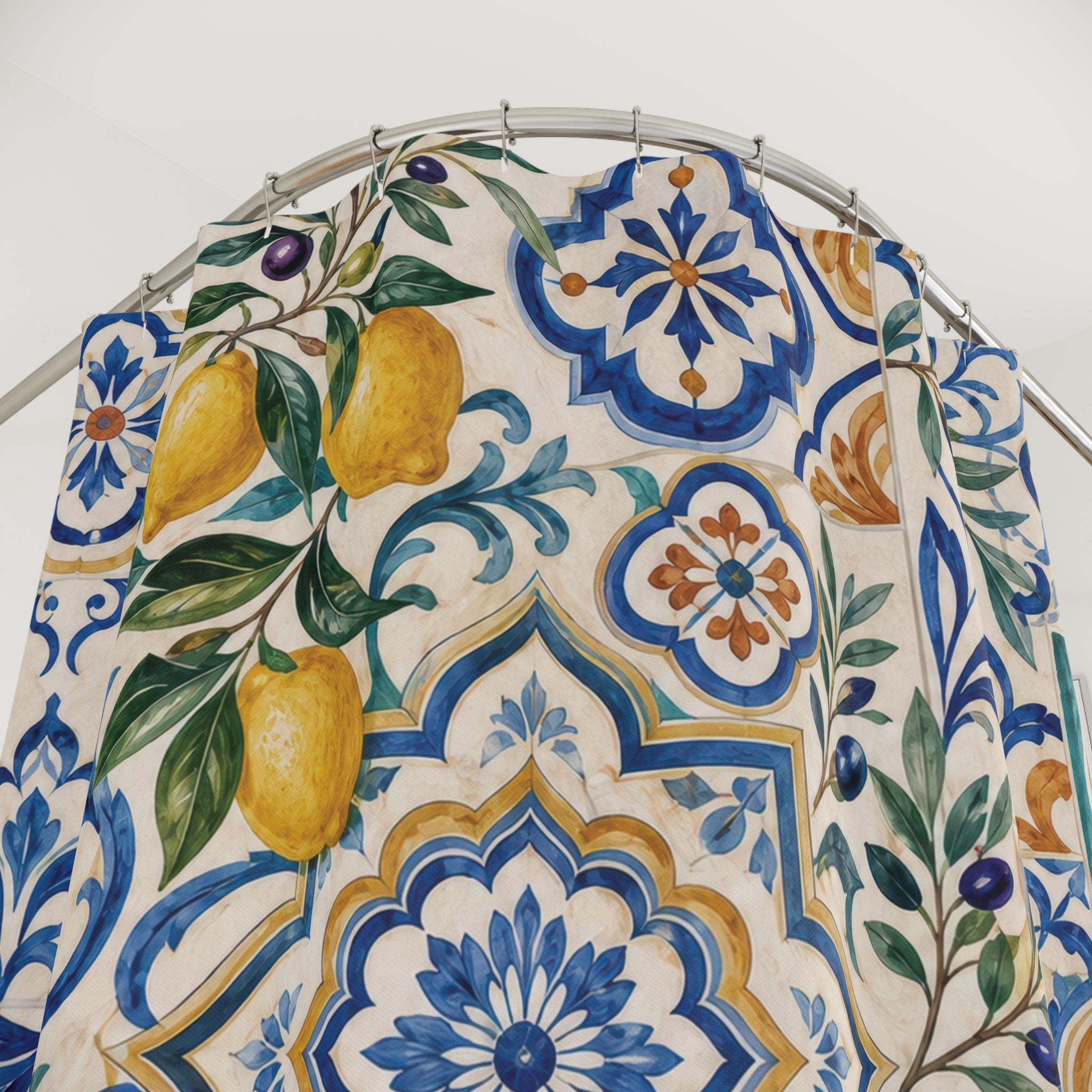 Mediterranean Shower Curtain: Blue Yellow Tile Pattern Lemons
