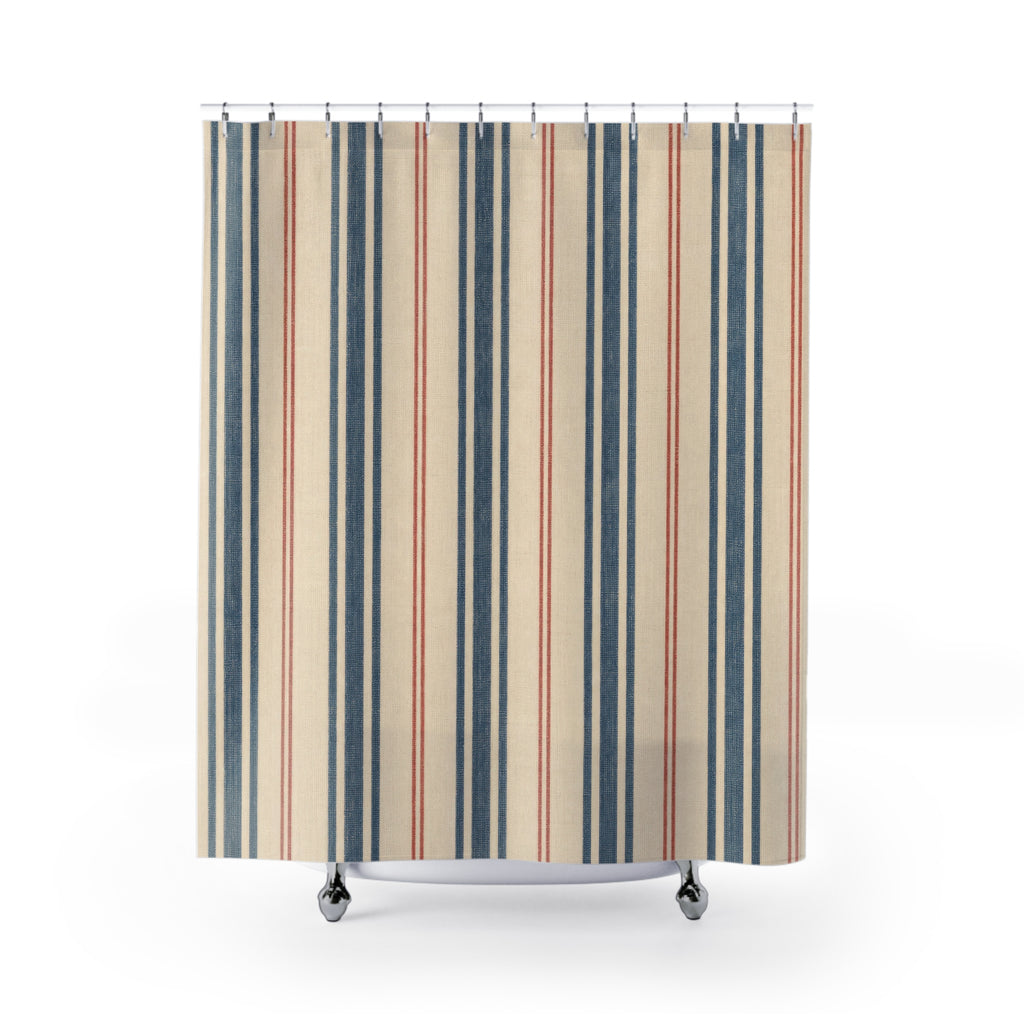 French Ticking Stripe Beige Blue Brown Coral Shower Curtain