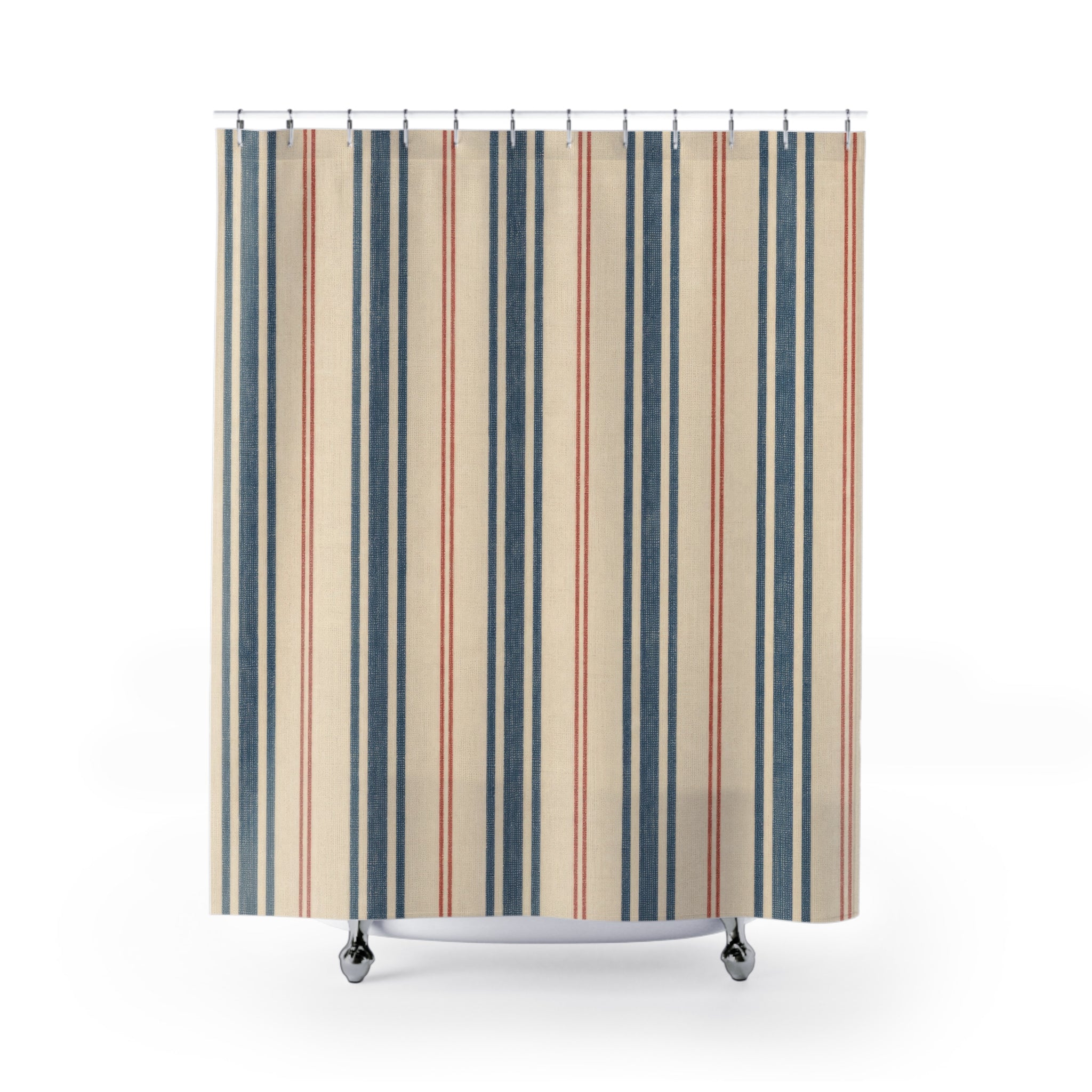 French Ticking Stripe Beige Blue Brown Coral Shower Curtain