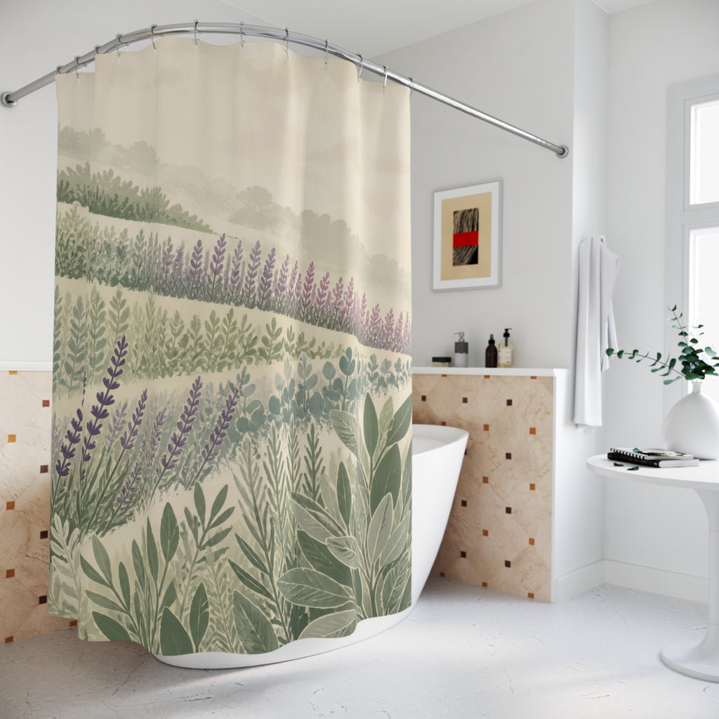 Sage terraces and lavender fields beneath a softly lit sky shower curtain beside a freestanding tub