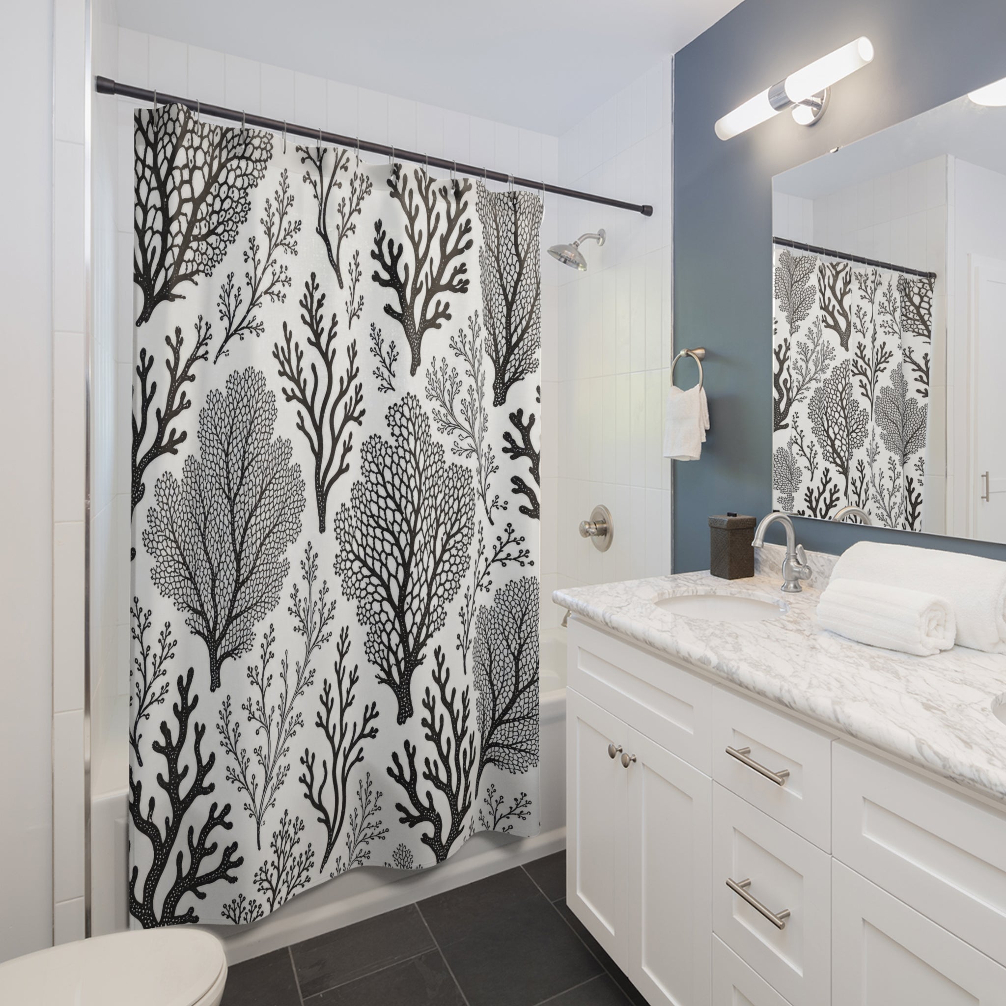 Black White Reef Branch Shower Curtain