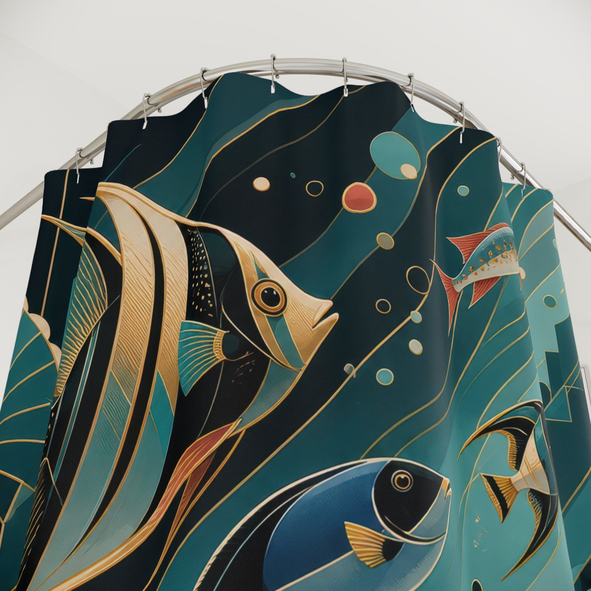 Tropical fish in teal Neo Art Deco currents and coral shower curtain with close-up print, hooks, and folds