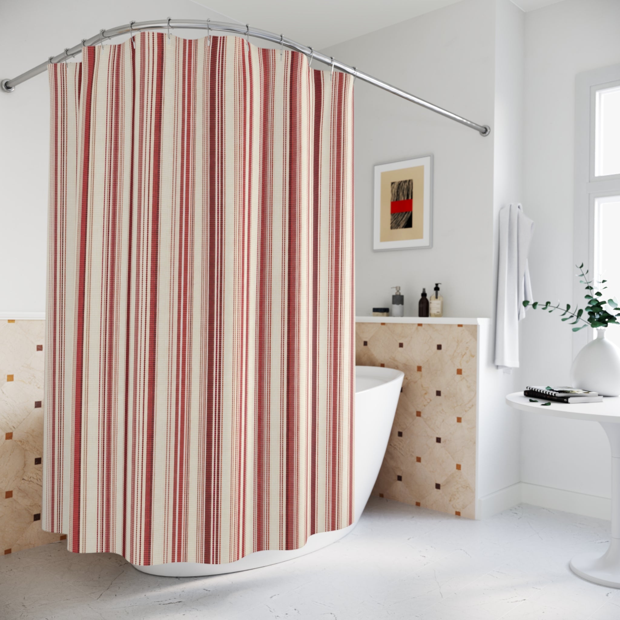 Oxblood Ticking Stripe Shower Curtain, Oxblood Red Classic Bathroom Decor, Ticking Stripe Bath Curtain, Guest Bath Decor, Home Decor