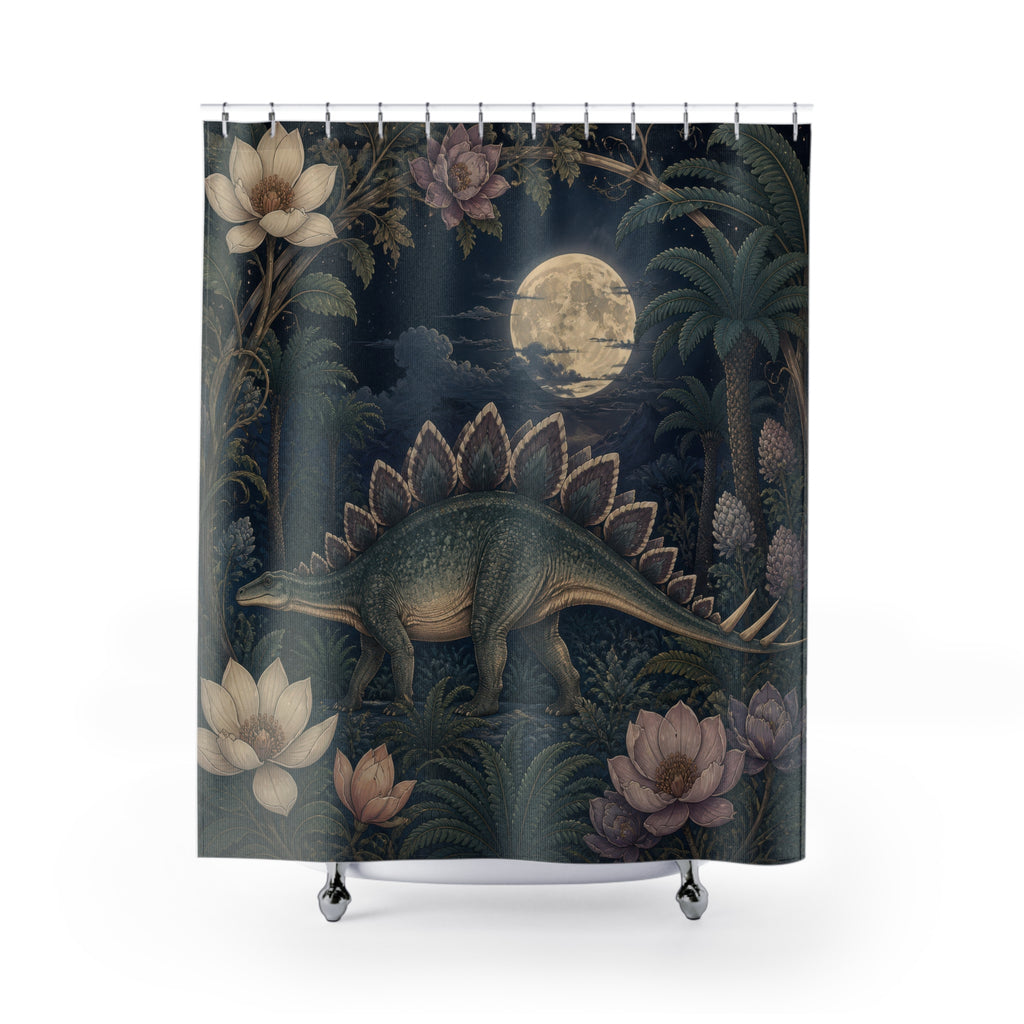 Moonlit stegosaurus among blue leaves and pale flowers shower curtain with full front view