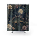 Moonlit stegosaurus among blue leaves and pale flowers shower curtain with full front view