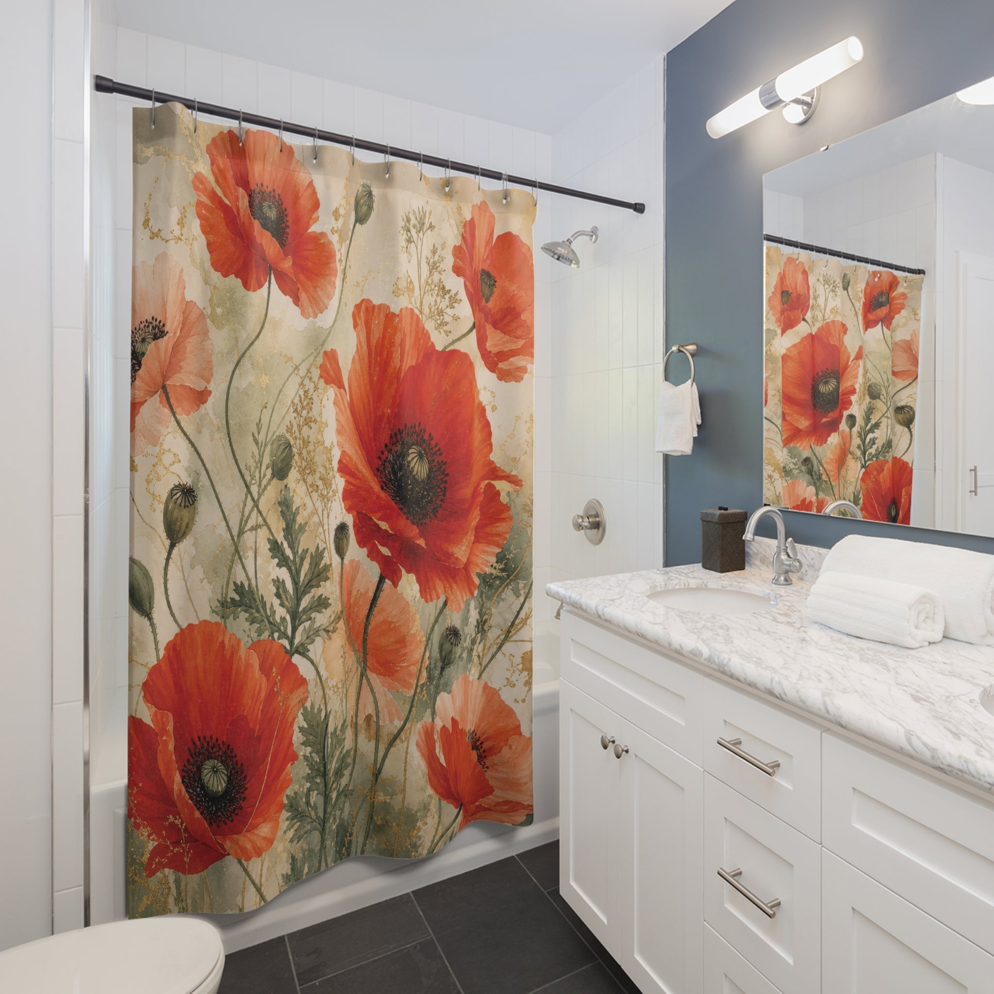 Poppy Shower Curtain: Red Orange Wildflower Watercolor Pattern