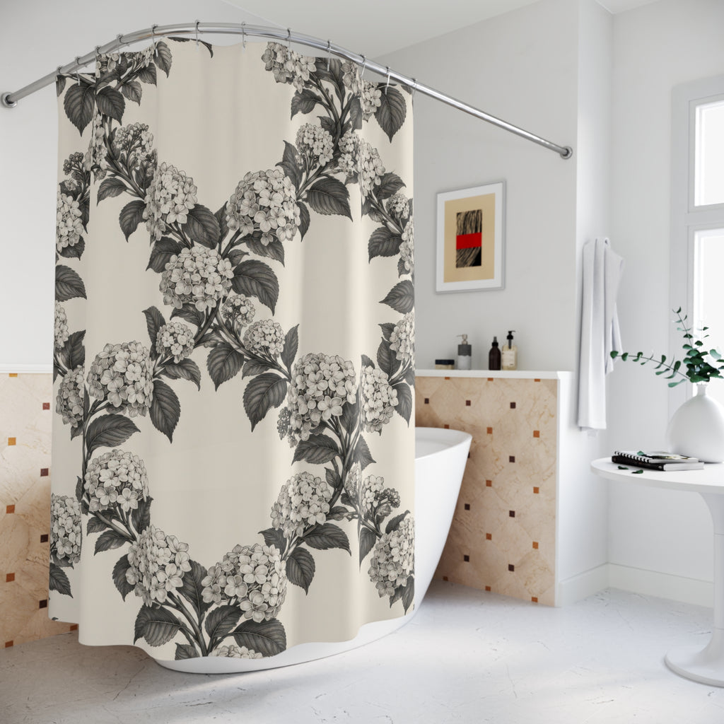 Charcoal hydrangea wreaths and leaves on warm cream shower curtain beside a freestanding tub