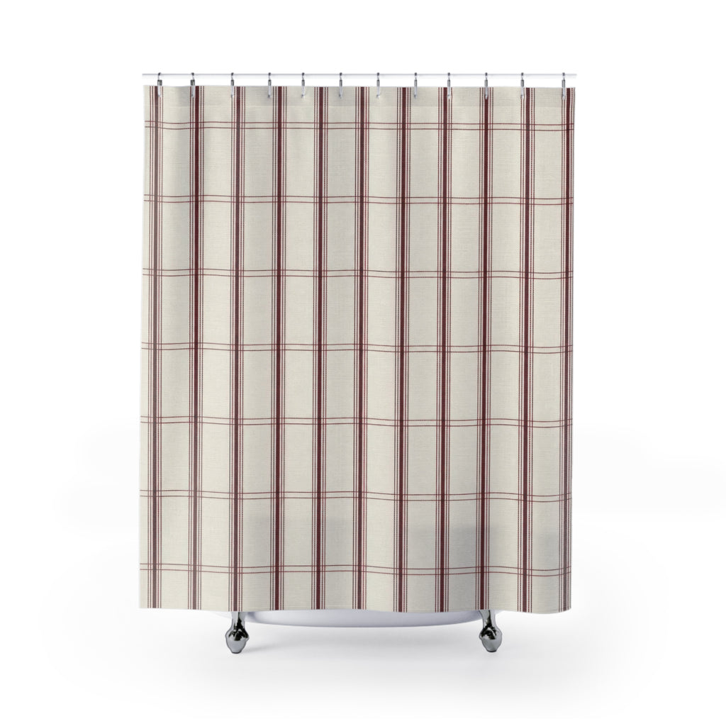Burgundy Pinstripe Grid Shower Curtain, Burgundy Gray Classic Bathroom Decor, Plaid Pattern Bath Curtain, Guest Bath Decor, Home Decor