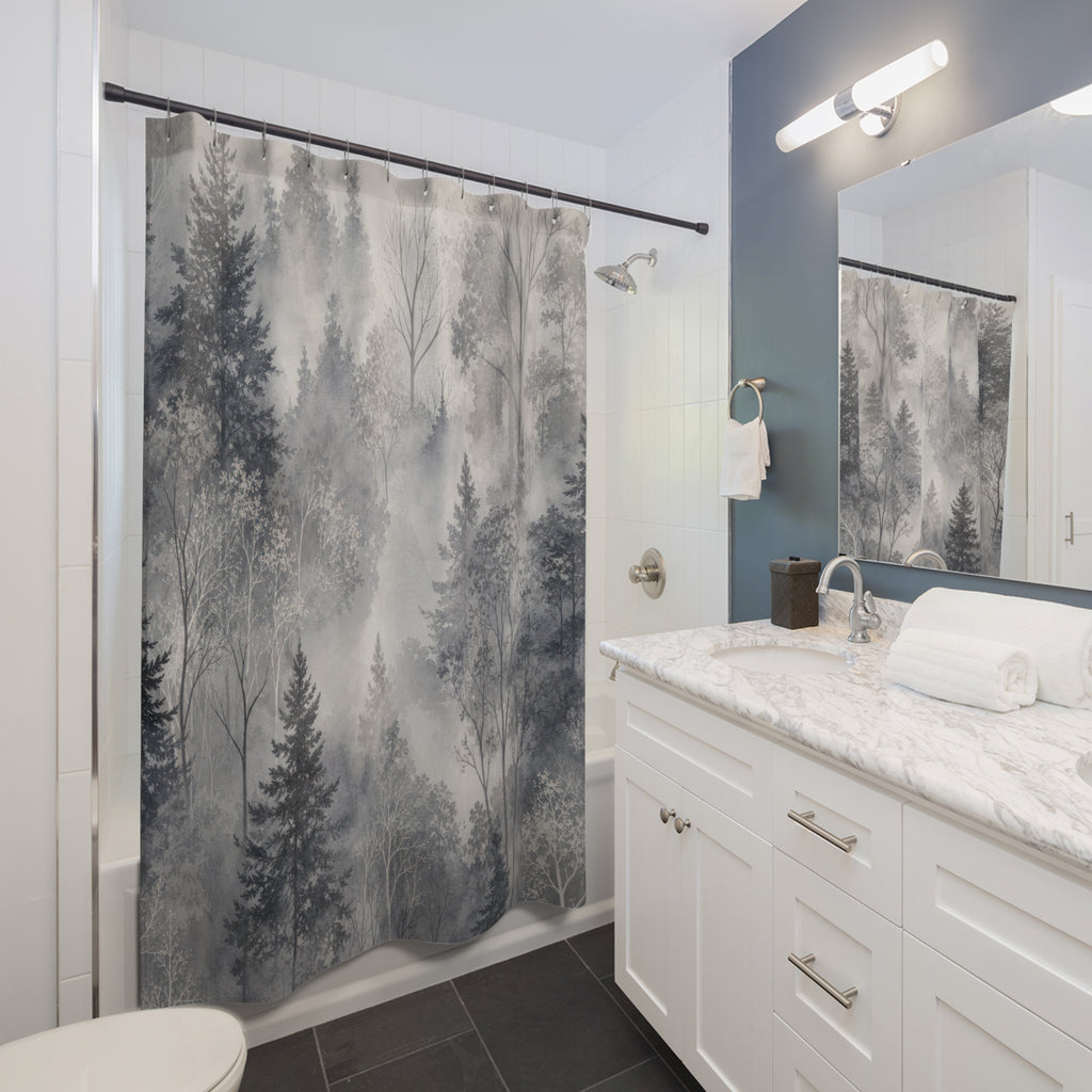 Gray Pine Tree Landscape Shower Curtain