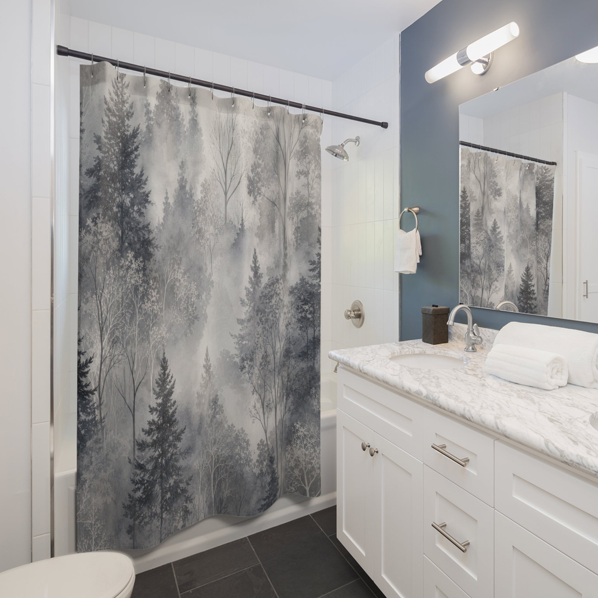 Gray Pine Tree Landscape Shower Curtain