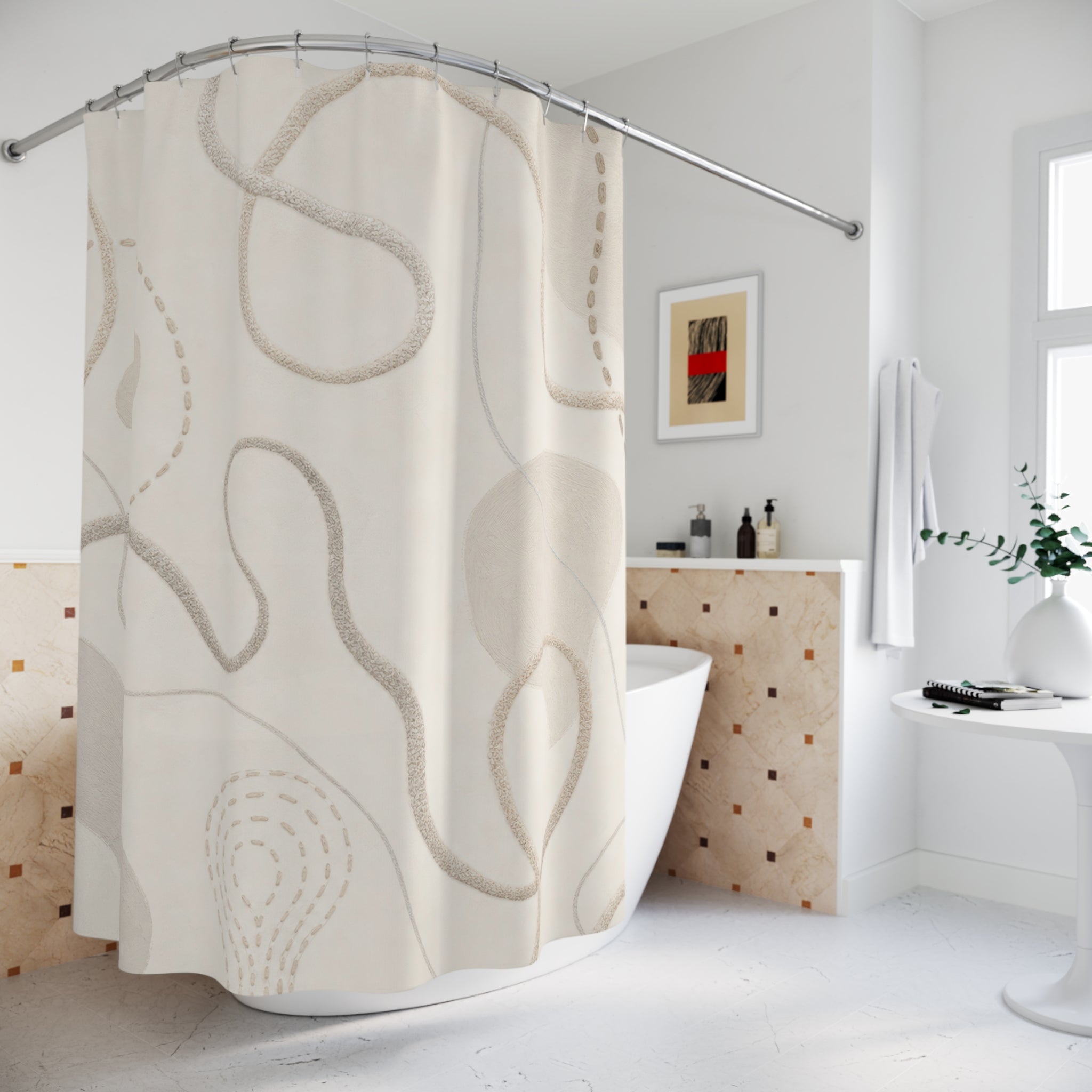 Off White Abstract Line Shower Curtain