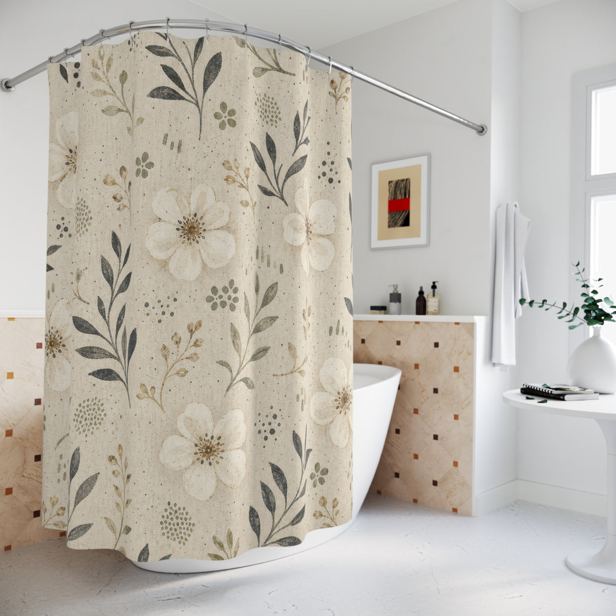 Neutral Stoneware Floral farmhouse cream shower curtain beside a freestanding tub
