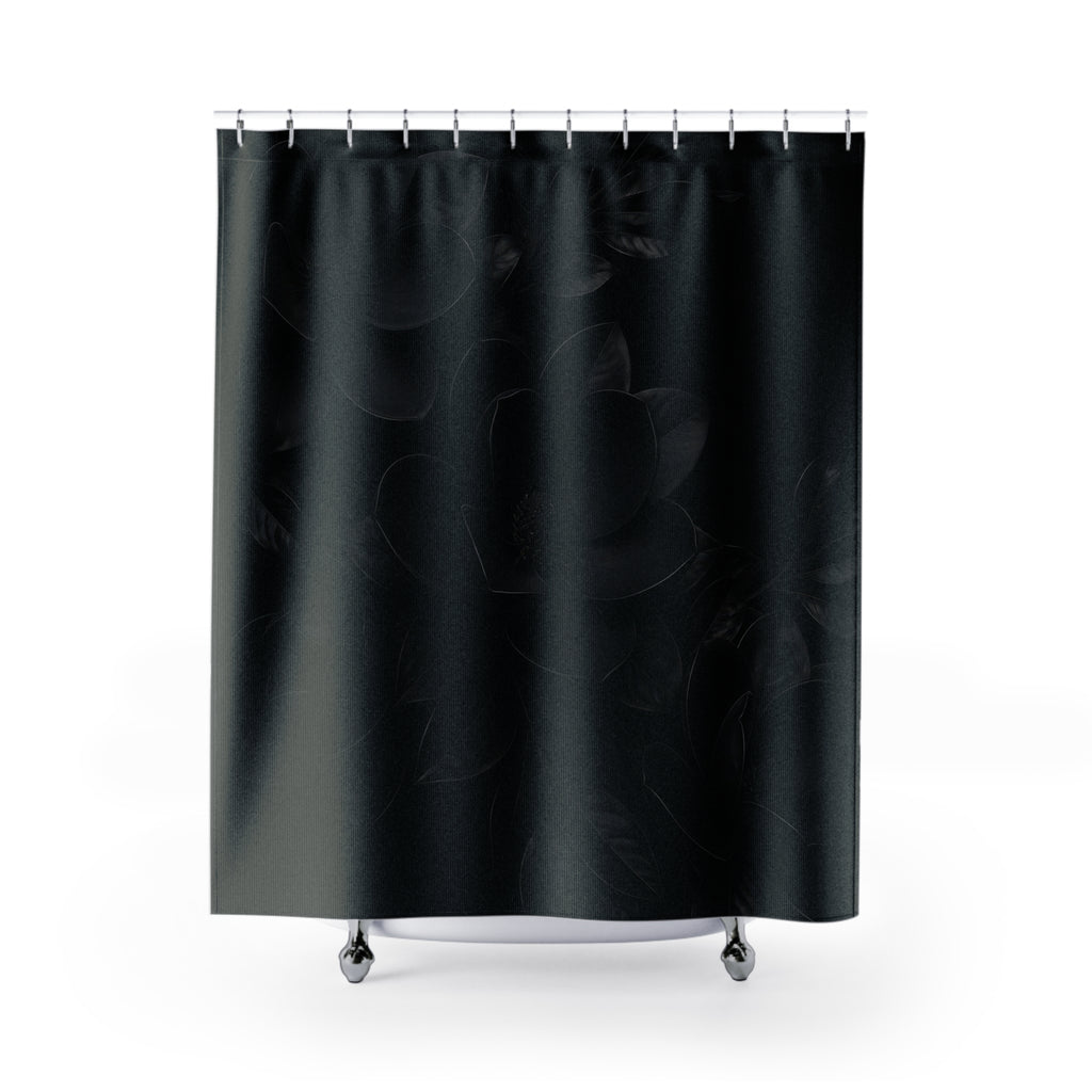 Black magnolias and glossy branches on an inky black field shower curtain, full front view