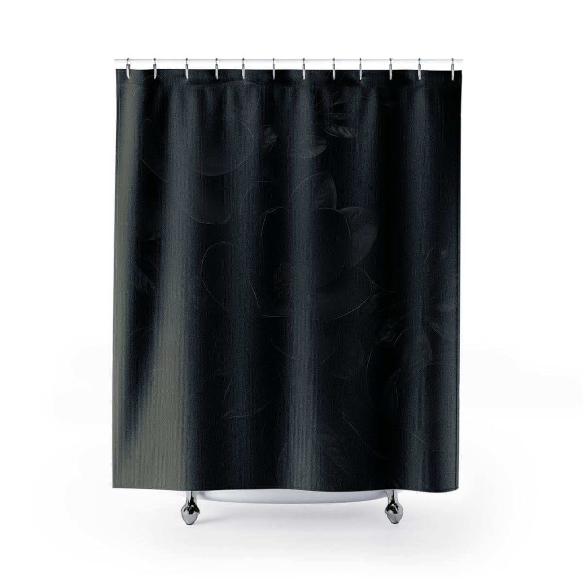 Black magnolias and glossy branches on an inky black field shower curtain, full front view