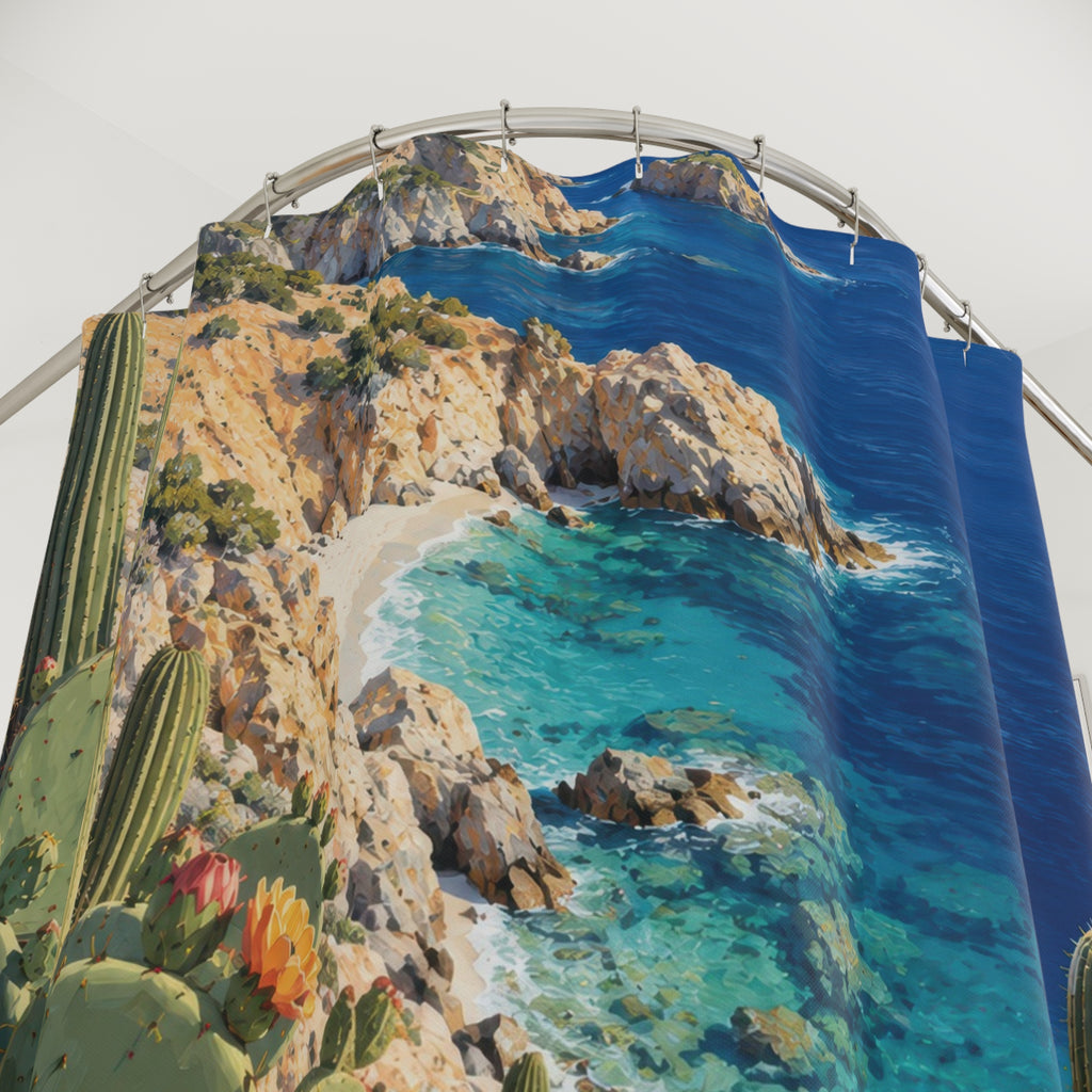Green coastal cactus above a turquoise cove and peach cliffs shower curtain with close-up print, hooks, and folds