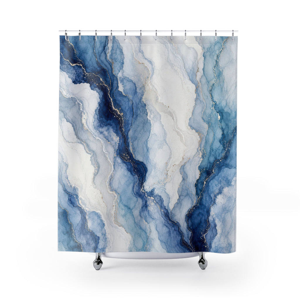 Blue Agate Marble Shower Curtain, Blue White Modern Bathroom Decor, Abstract Marble Bath Curtain, Guest Bath Decor, Small Bathroom Decor
