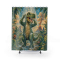Unique Funny Dinosaur Shower Curtain, T Rex Jungle Bath Art, Tropical Volcano Bathroom Humor, Kids Guest Bath Wall Decor Gift For Home