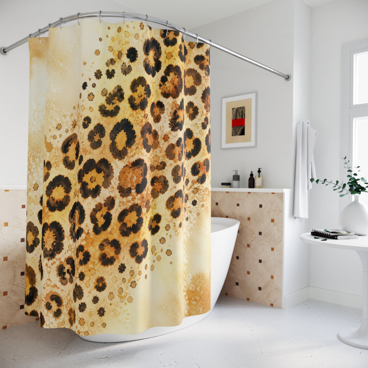 Tawny watercolor cheetah print on warm cream shower curtain beside a freestanding tub