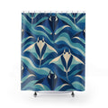 Navy and cream manta rays among blue and aqua wave bands shower curtain with full front view