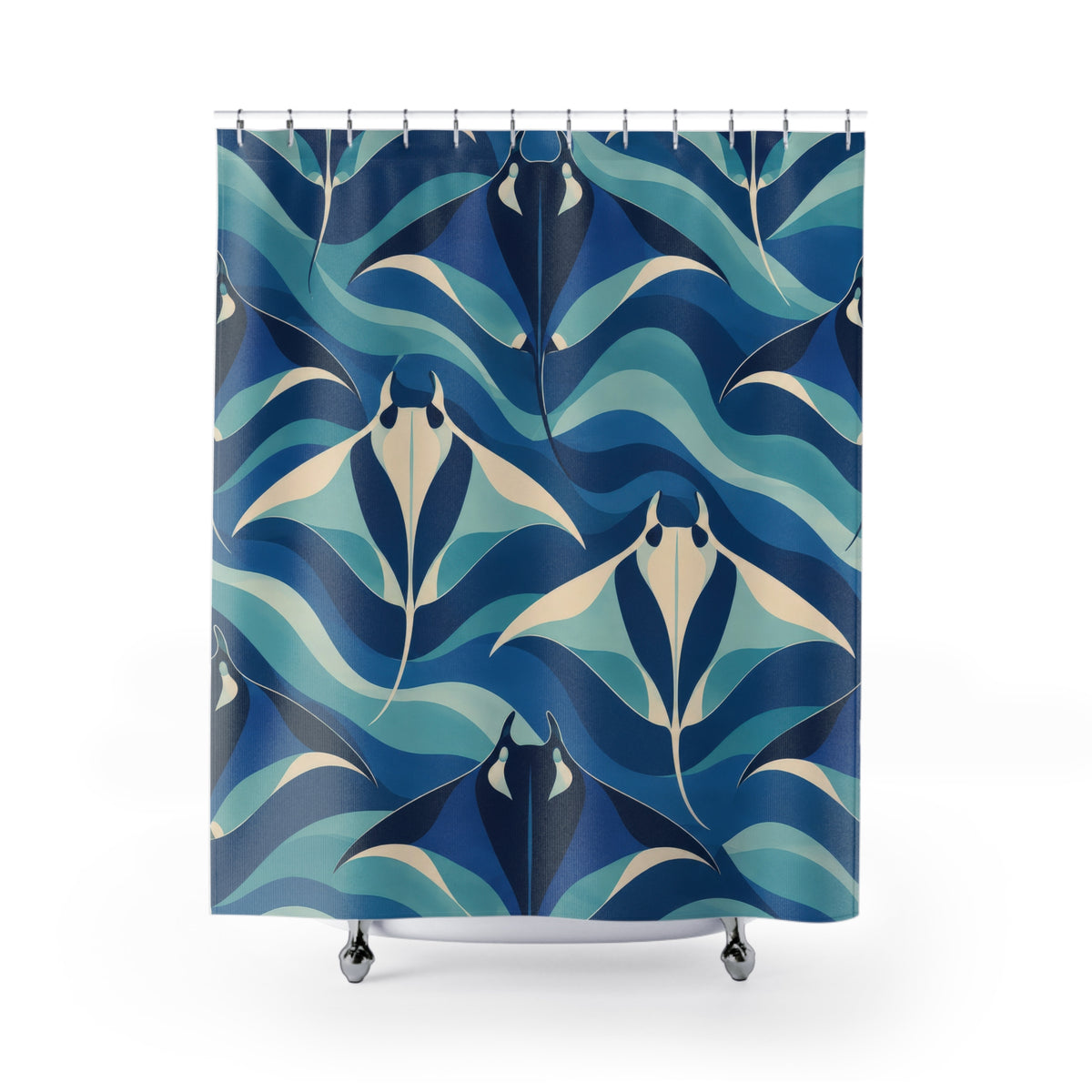Navy and cream manta rays among blue and aqua wave bands shower curtain with full front view