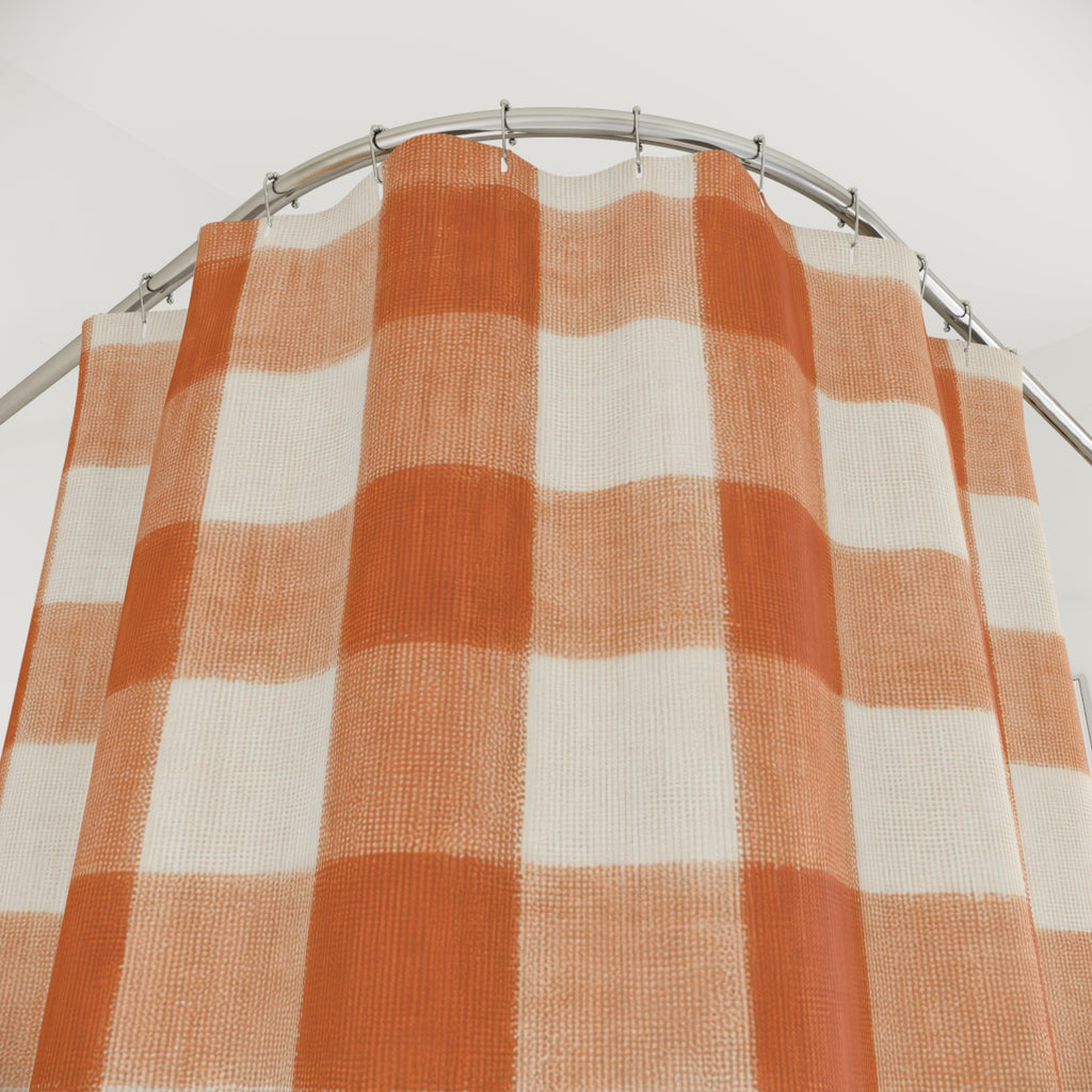 Orange Shower Curtain, Gingham Bath Decor, Rust Orange Checkered Pattern, Warm Farmhouse Guest Bathroom Decor, Rust Orange Gingham Style